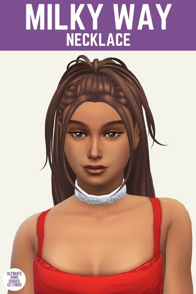 This is a product image for cc pieces from the Starry Night Collection by Joliebean. At the top of the image is a purple bar with white text that says "Milky Way Necklace" and below is a sim wearing a red tank top and they have brown hair. They are wearing a silver sparkly choker necklace. 