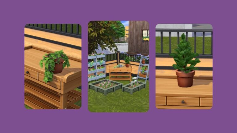 This image has a purple background with three rounded-edge rectangles. Inside of those rectangles are images of gardening decor