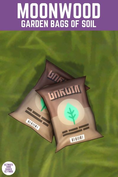 This image has a purple bar at the top with white text that says "Moonwood Garden Bags of Soil" and below is an image from the top down of grass with two bags of soil stacked together 