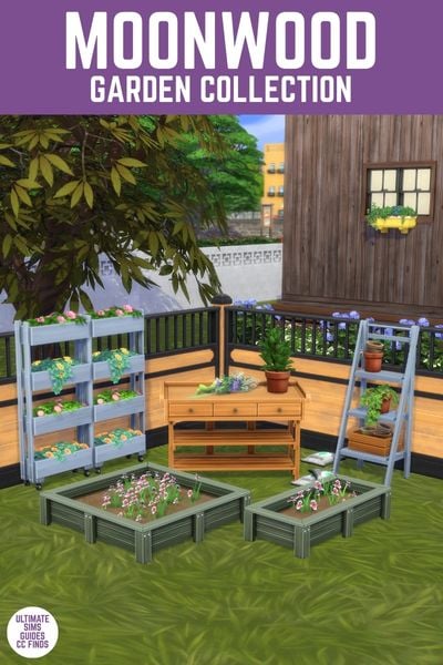 This image has a purple bar at the top with white text that reads "Moonwood Garden Collection" and below is a backyard with furniture for a garden 