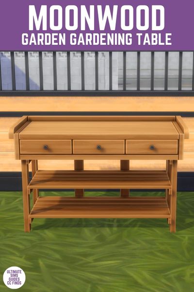 This image has a purple bar at the top with white text that says "Moonwood Garden Gardening table" showing a wooden table with two shelves at the bottom 