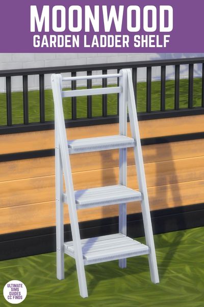 This image has a purple bar at the top with white text that says "Moonwood Garden Ladder Shelf" and below is an image of an outdoor scene with a  light blue 