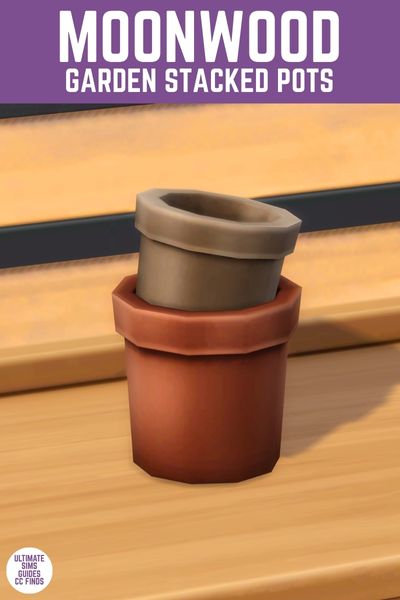 This image has a purple bar at the top with white text that says "Moonwood Garden Stacked Pots" and below that is a close up of two small planter pots stacked. 