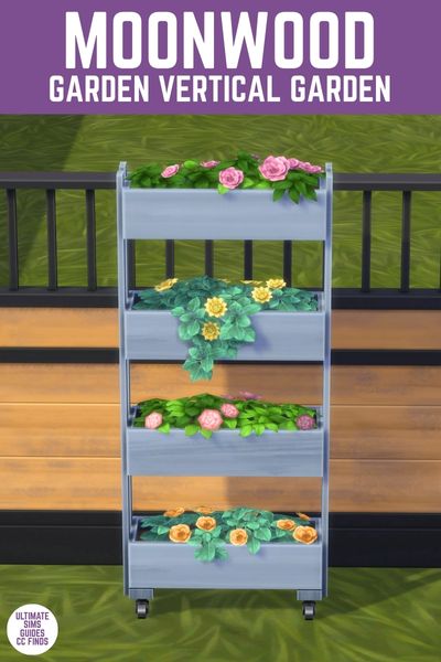 This image has a purple bar at the top with white text that says "Moonwood Garden Vertical Garden" and below is a light blue four shelf vertical garden filled with flowers 