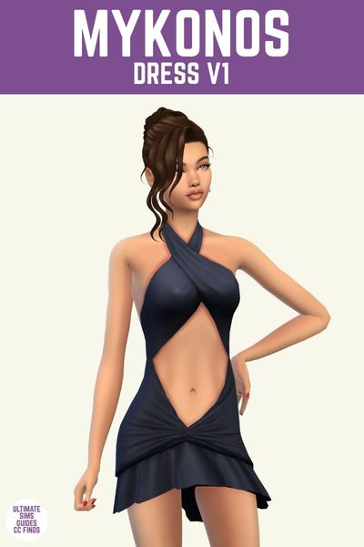 This image has a purple bar at the top and in white text it says "Mykonos Dress V1" and below is a sim with brown hair in an up-do. They are wearing a black halter neckline dress with their stomach showing. 