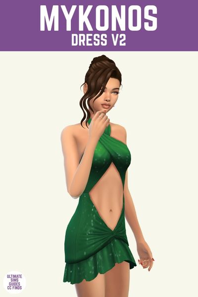 This image has a purple bar at the top and in white text it says "Mykonos Dress V2" and below is a sim with brown hair wearing a green halter dress with sparkles 