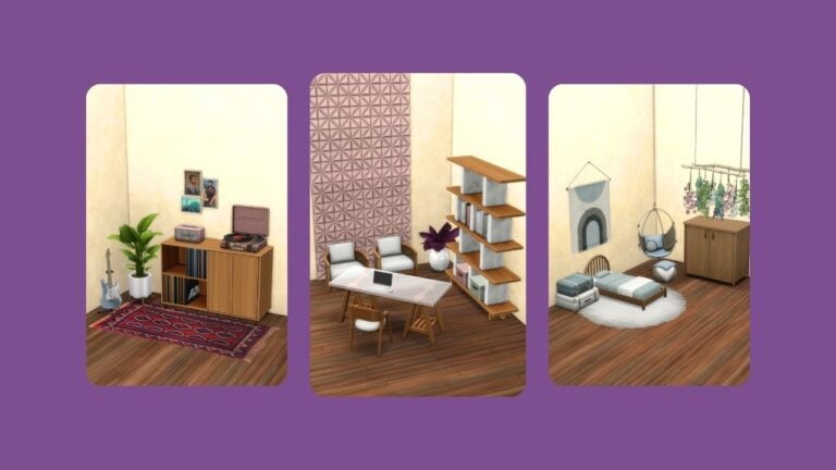 This image has a purple background with three rounded-edge rectangles. Each rectangle has a different image of furniture. The first is a record player set, the second a living room and the final is a nursery.