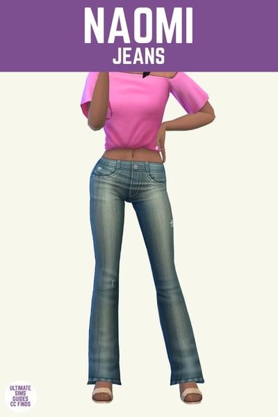 This image has a purple bar at the top with white text that says "Naomi Jeans" and below is a sim from the shoulders down wearing a pink t-shirt and denim jeans with heels 