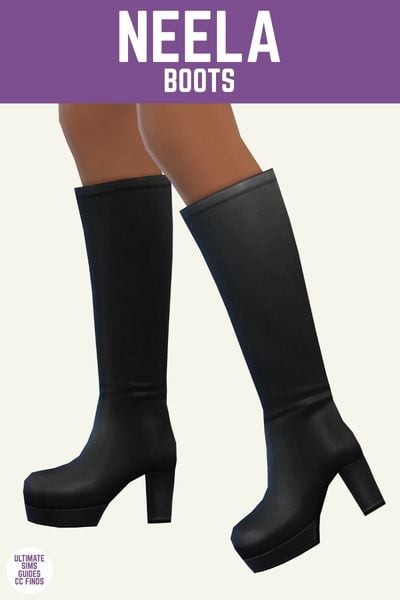 This image has a purple bar at the top with white text that says "Neela Boots" and below is a close up of a pair of black heels boots 