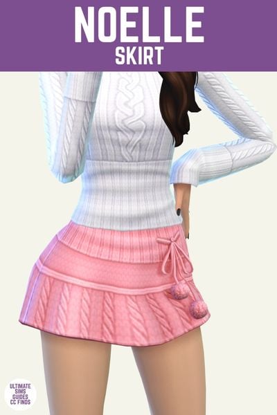 This is a product image for cc pieces from the Pom Pom collection. The top of this image has a purple bar with white text that says "Noelle Skirt" and below is a sim from the knees to the chest. They are wearing a cable knit skirt in pink and cable knit top in white 