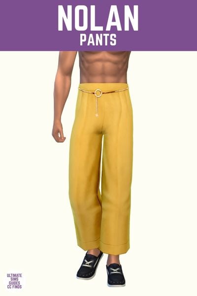 This image has a purple bar at the top with white text that says "Nolan Pants" and below is a sim from the waist down. They are shirtless with bright yellow pants and a metal belt with black shoes. 