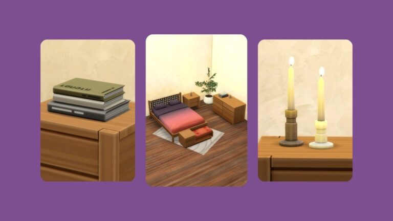 This image has a purple background with three rounded-edge rectangles. Inside of those rectangles are images of bedroom furniture and decor.