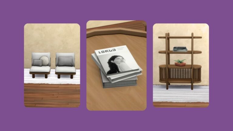 This image has a purple background with three rounded-edge rectangles with images inside. The first image has two living chairs, the second a stack of magazines, and the final is a shelf.