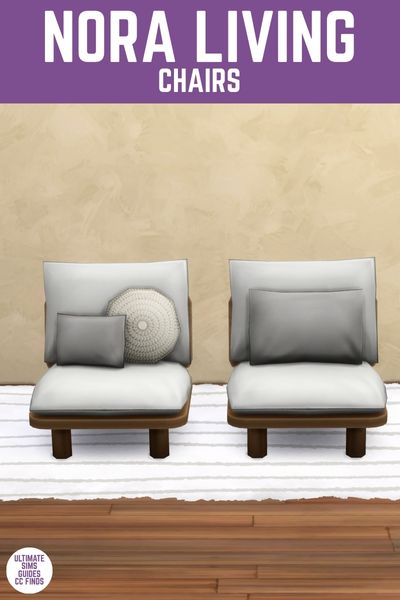 This image has a purple bar at the top with white text that reads "Nora Living Chairs" and below is a white rug with two matching living chairs with different cushions on them