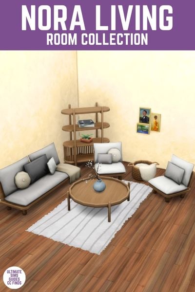 This image has a purple bar at the top with white text that reads "Nora Living Room Collection" and below is a room with a rounded coffee table, a set of two chairs and a couch and a wooden shelf 