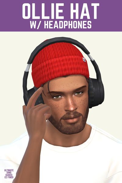 This image has a purple bar at the top with white text that says "Ollie Hat W/ Headphones" and below is a male sim. They have on a white t-shirt, red beanie and black headphones.