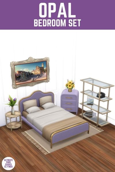 This image has a purple bar at the top with white text that reads "Opal Bedroom Set" and below is an image of a purple and gold bedroom set with flowers on the tables. 