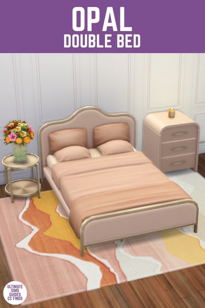 This image has a purple bar at the top and white text that says "Opal Double Bed" and below is an image of a bedroom with a pink and gold bed, a cute rug and white walls with trim. 