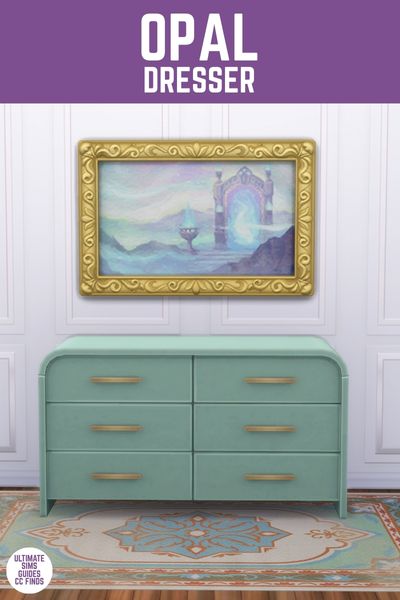This image has a purple bar at the top and white text that says "Opal Dresser" and below is an image of a bedroom wall. There is a gold framed picture over a teal dresser with gold handles. 