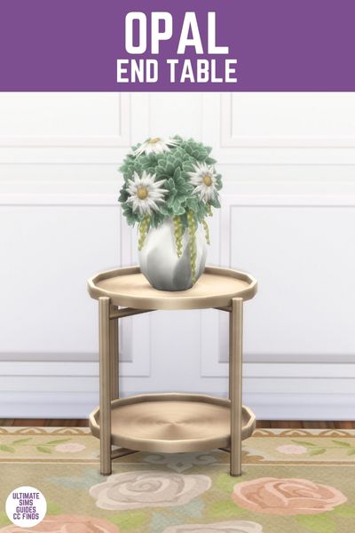 This image has a purple bar at the top and white text that says "Opal End Table" and below is a circle end table with a plant on top. 