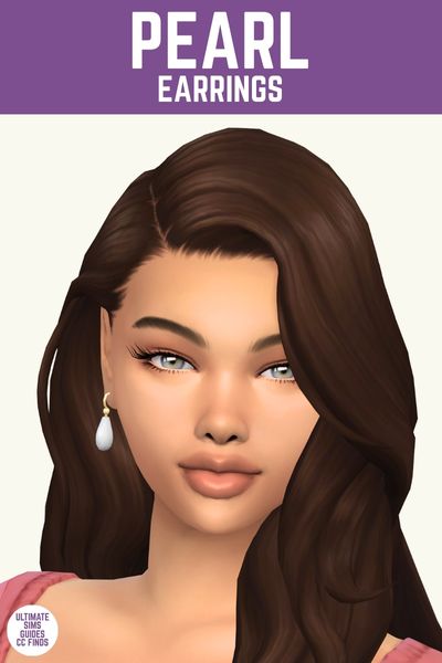 This image has a purple bar at the top that has white text says "Pearl Earrings" and below is a sim with grey eyes, brown hair, wearing pearl earrings 