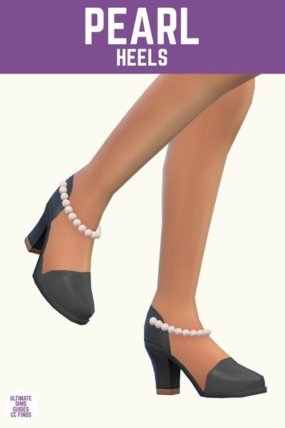 This image has a purple bar at the top that has white text says "Pearl Heels" and below are legs posed with black chunky heels with pearls around the ankle 