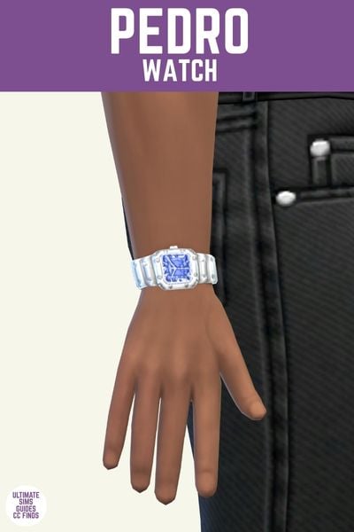 This image has a purple bar at the top with white text that says "Pedro Watch" and below is a close up of a sim's arm wearing a silver watch with blue background