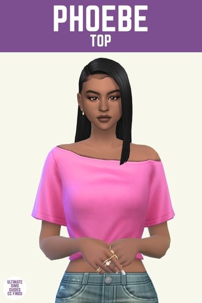 This image has a purple bar at the top with white text that says "Phoebe Top" and below is a sim with straight black hair wearing jeans and an off the shoulder pink t-shirt 