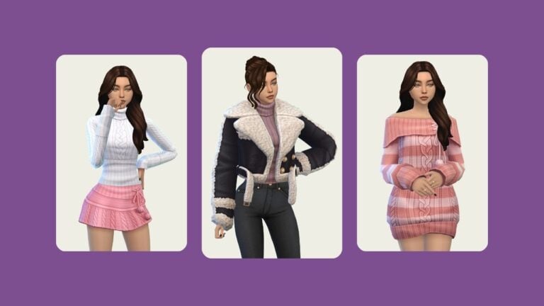 This image has a purple background and three rounded-edge rectangles. Inside of those rectangles is the same sim three times posed wearing items from the pom pom collection