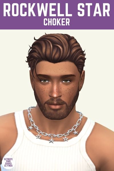 This image has a purple bar at the top with white text that says "Rockwell Star Choker" and below is a male sim with brown hair wearing a white tank top and a silver chain necklace with stars.
