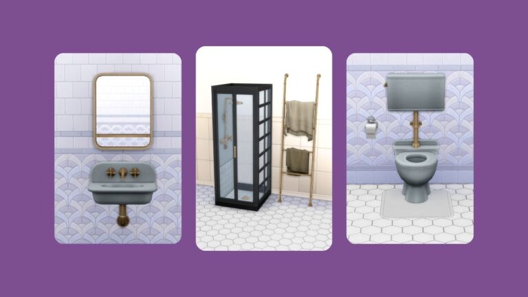This image has a purple background with three rounded edge rectangles. Inside of those rectangles are images of bathroom items from the rosa set by myshunosun.