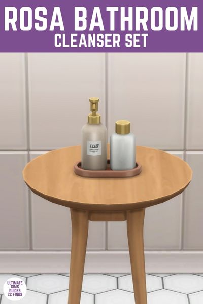 This image has a purple bar at the top with white text that says "Rosa Bathroom Cleanser Set" and below is a circle table with a small tray and two cleanser bottles on top. 