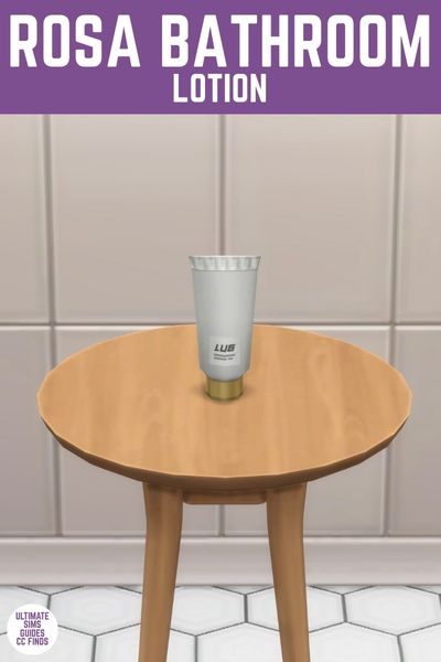 This image has a purple bar at the top with white text that says "Rosa Bathroom Lotion" and below is a circle table with a small lotion bottle on top. 