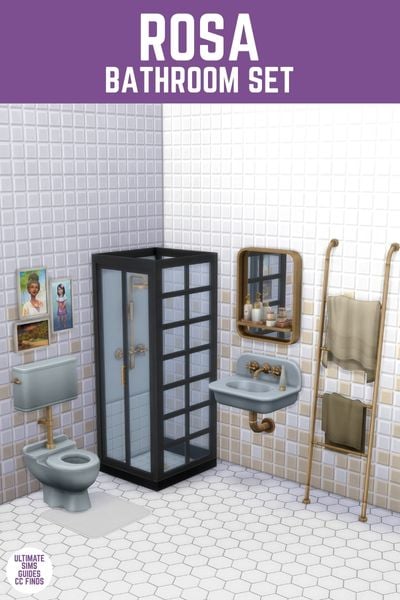 This image has a purple bar at the top with white text that reads "Rosa Bathroom Set" and below is an image of a vintage style bathroom set