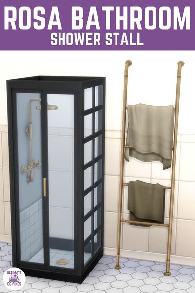 This image has a purple bar at the top with white text that says "Rosa Bathroom Shower Stall" and below is a black shower stall next to a towel holder.