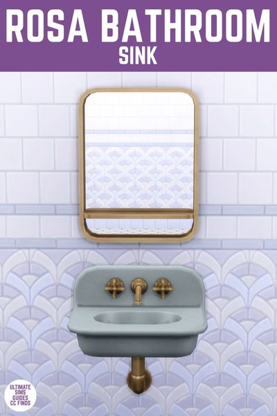 This image has a purple bar at the top with white text that says "Rosa Bathroom Sink" and below is a bathroom sink and mirror. 