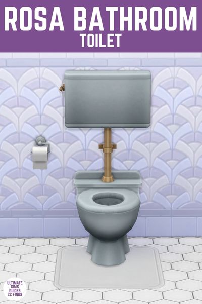 This image has a purple bar at the top with white text that says "Rosa Bathroom Toilet" and below is an image of a light blue toilet with a separated toilet tank and a toilet paper holder next to it. 