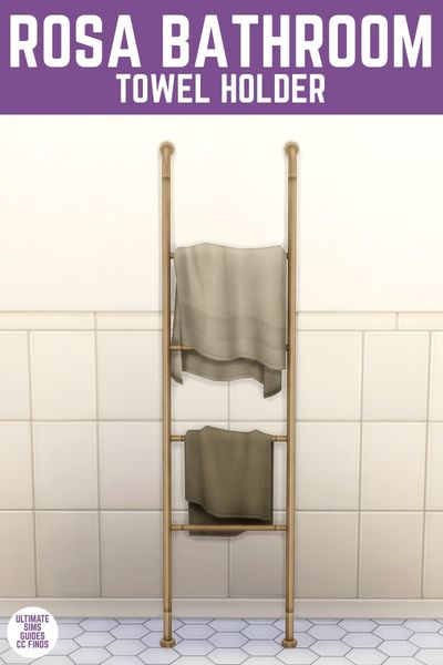 This image has a purple bar at the top with white text that says "Rosa Bathroom Towel Holder" and below is a half tile, half painted wall with a metal towel holder with two towels on it. 
