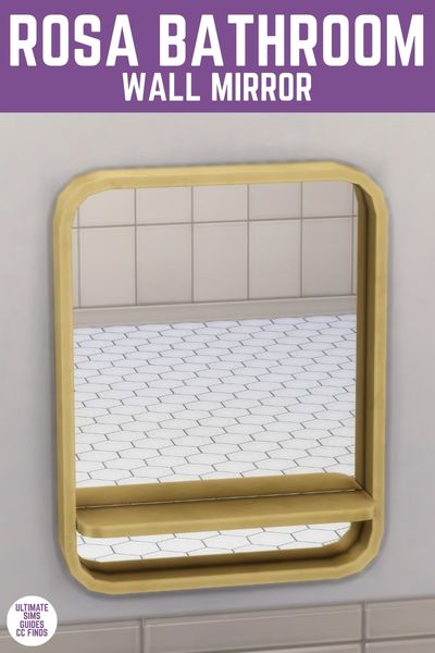 This image has a purple bar at the top with white text that says "Rosa Bathroom Wall Mirror" and below is an image of a close up of a metal mirror. 