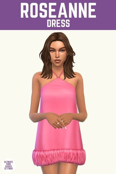 This is a product image for a dress from The Spotlight Collection. This image has a purple bar at the top and in white text it says "Roseanne Dress" and below is a sim in a pink mini-dress with a halter neckline and fur lined bottom 
