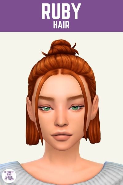 This image has a purple bar at the top with white text that says "Ruby Hair" and below is a sim face forward. They have chin-length hair in a half-up style. 