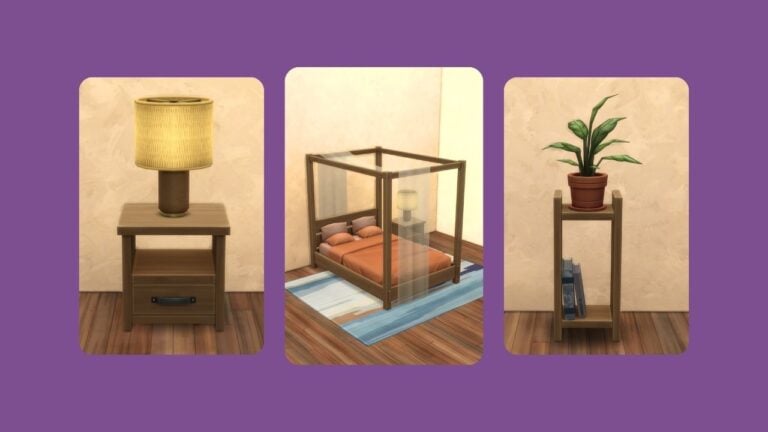 This image has a purple background with three rounded-edge rectangles. Inside of those rectangles are images of various furniture items.