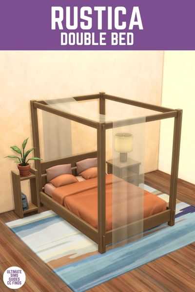 This image has a purple bar at the top with white text that says "Rustica Double Bed" and below is an image of a bedroom with a four-poster wooden bed with a sheer fabric draped on one side 