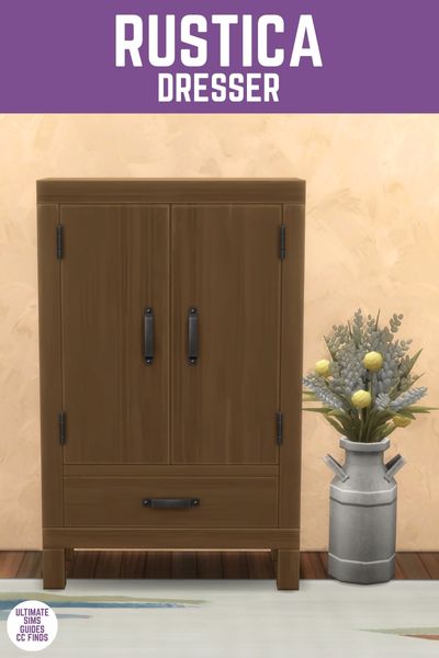 This image has a purple bar at the top with white text that says "Rustica Dresser" and below is an image of a wooden armoire with a tin can filled with flowers beside it 