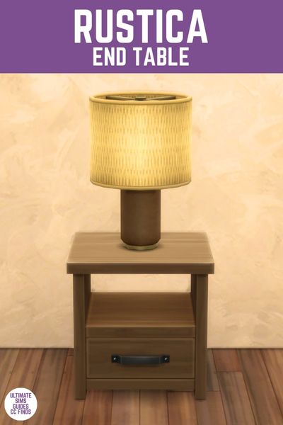 This image has a purple bar at the top with white text that says "Rustica End Table" and below is a wooden side table with a lamp on top 