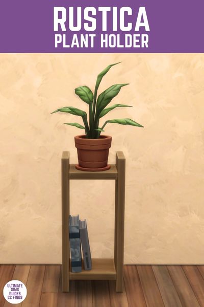 This image has a purple bar at the top with white text that says "Rustica Plant Holder" and below is an image of a wooden shelf with books on the bottom and a little plant on top 