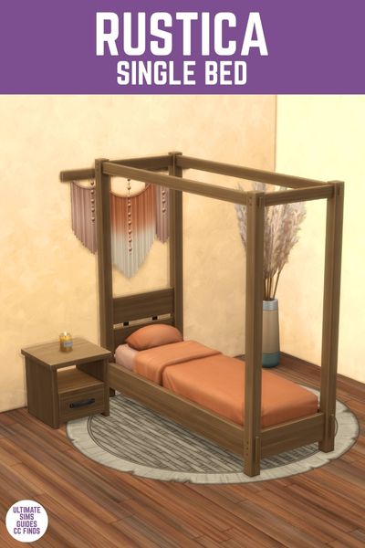 This image has a purple bar at the top with white text that says "Rustica Single Bed" and below is a bedroom with a wooden furniture set and a single bed with four posts and an orange blanket. 