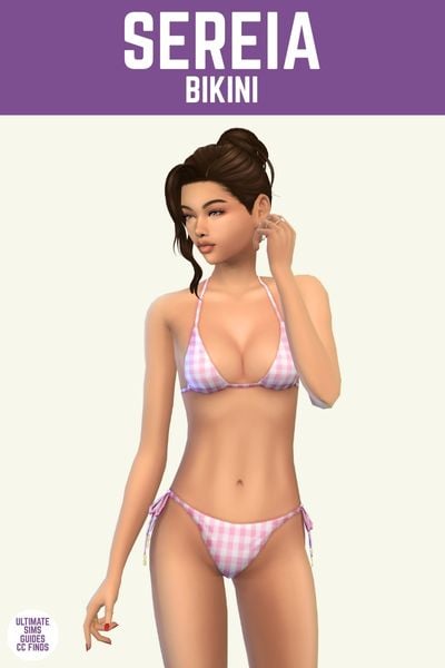 This image has a purple bar at the top with white text. The text says "Sereia Bikini" and below is a sim with brown hair in a bun wearing a pink gingham bikini 