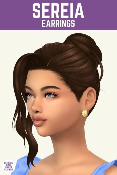 This image has a purple bar at the top with white text. The text says "Sereia Earrings" and below is a sim looking off to the side wearing sea shell earrings 