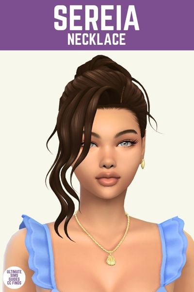 This image has a purple bar at the top with white text. The text says "Sereia Necklace" and below is a sim with brown hair with a gold necklace with a sea shell 